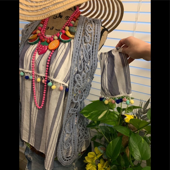 Promesa Striped Off Shoulder Top with Pom Poms. - Picture 10 of 15